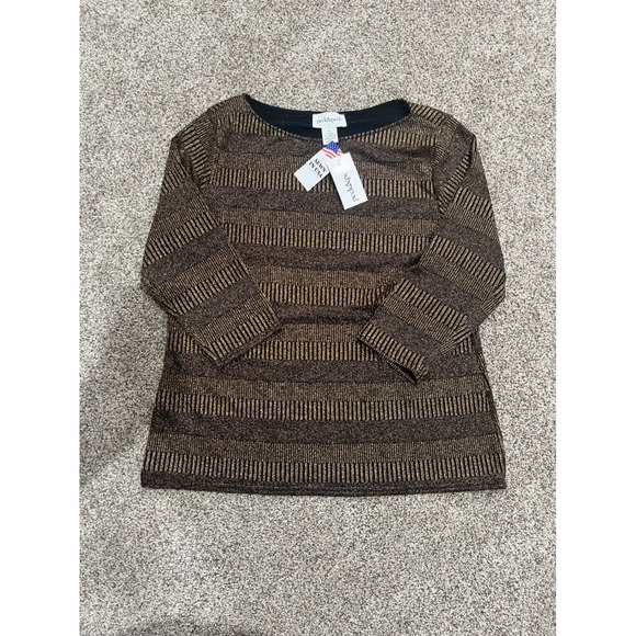 Peck & Peck Tops - Peck & Peck Metallic Gold‎ Striped Boat Neck 3/4 Sleeve Top XL 8350CFP NEW
